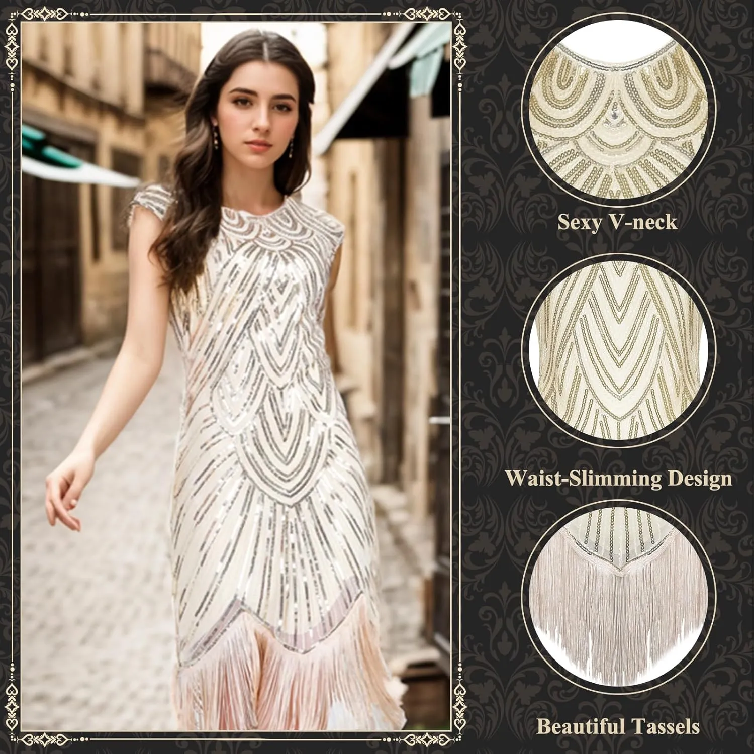 PLULON 1920s Dresses for Women, Sequin Fringed Gatsby Flapper Cocktail Dresses with 20s Accessories Set, Roaring 20s Costumes