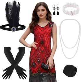 PLULON 1920s Dresses for Women, Sequin Fringed Gatsby Flapper Cocktail Dresses with 20s Accessories Set, Roaring 20s Costumes