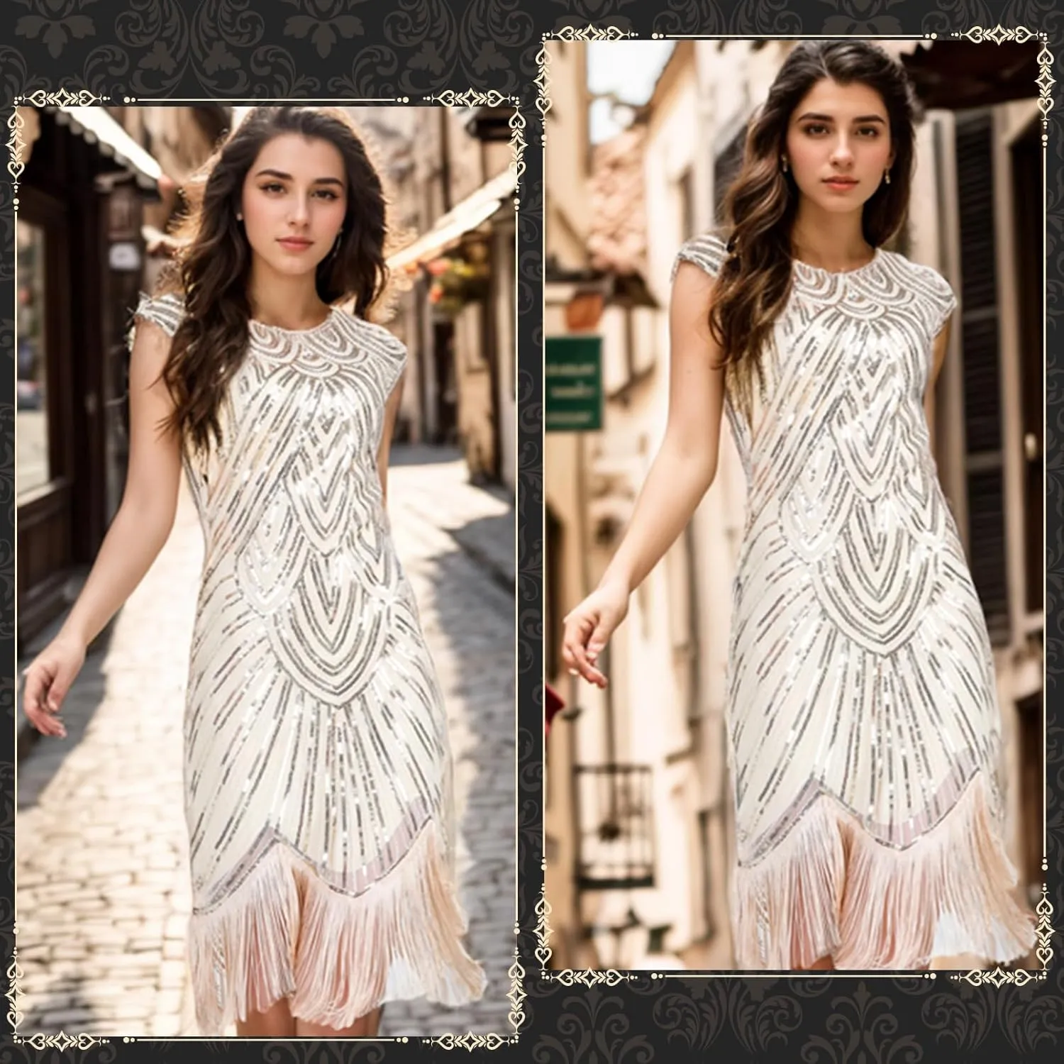 PLULON 1920s Dresses for Women, Sequin Fringed Gatsby Flapper Cocktail Dresses with 20s Accessories Set, Roaring 20s Costumes