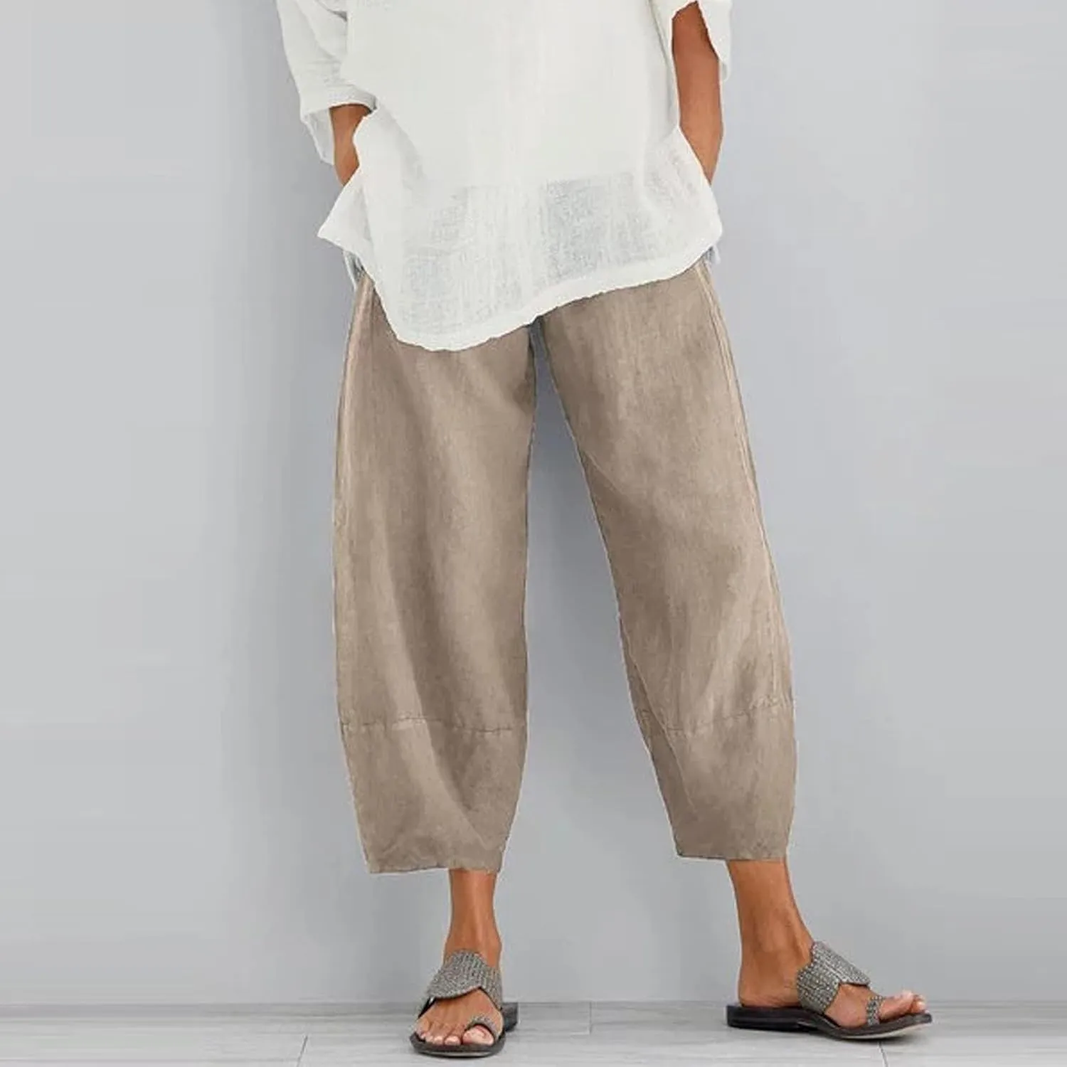 Plus Size Linen Pants for Women Loose Fit 2025 High Waisted Palazzo Pants Belted Wide Leg Trousers with Pockets