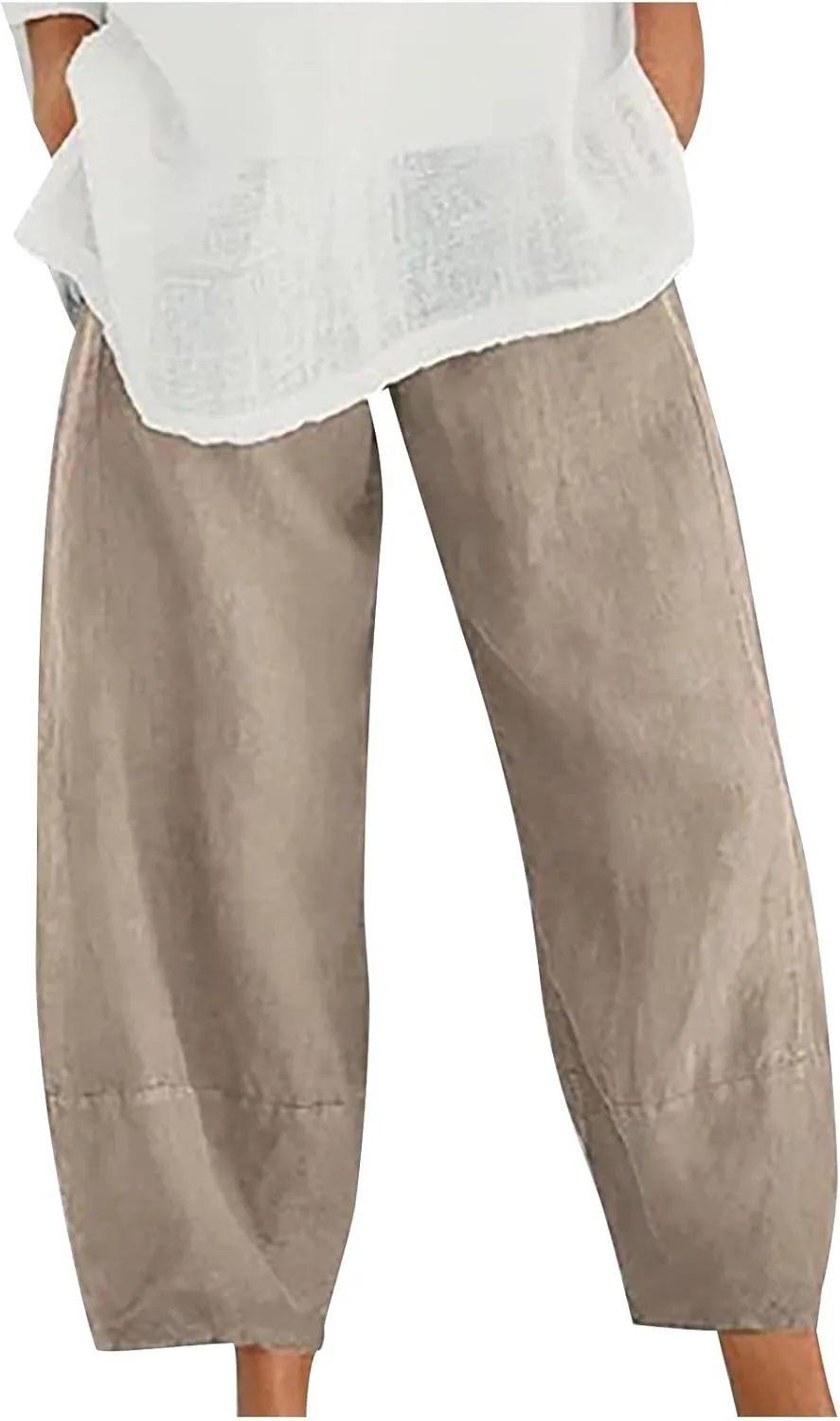Plus Size Linen Pants for Women Loose Fit 2025 High Waisted Palazzo Pants Belted Wide Leg Trousers with Pockets
