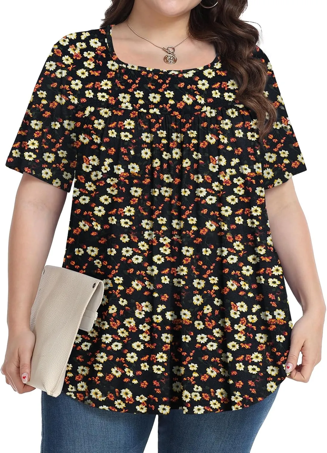 Plus Size Tops for Women Summer 2025 Short Sleeve Shirts Tunics Square Neck Casual Loose Blouses 1X-5X