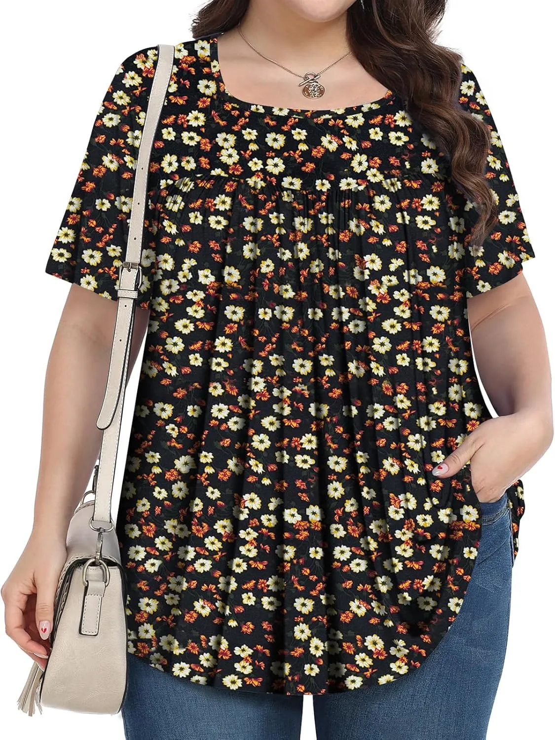 Plus Size Tops for Women Summer 2025 Short Sleeve Shirts Tunics Square Neck Casual Loose Blouses 1X-5X