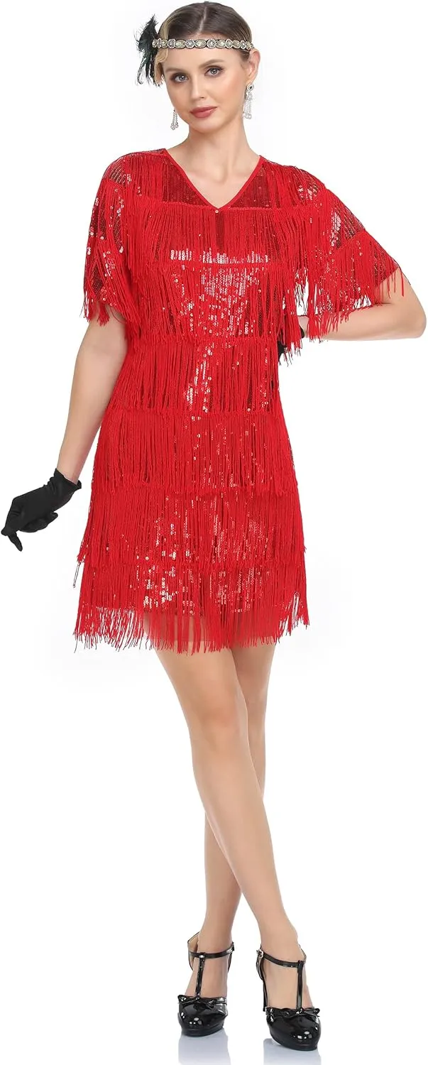 PrettyGuide Women's Flapper Dresses with Sleeves Tiered Long Fringed Sequin 1920s Great Gatsby Cocktail Dress Costume