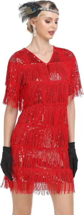 PrettyGuide Women's Flapper Dresses with Sleeves Tiered Long Fringed Sequin 1920s Great Gatsby Cocktail Dress Costume