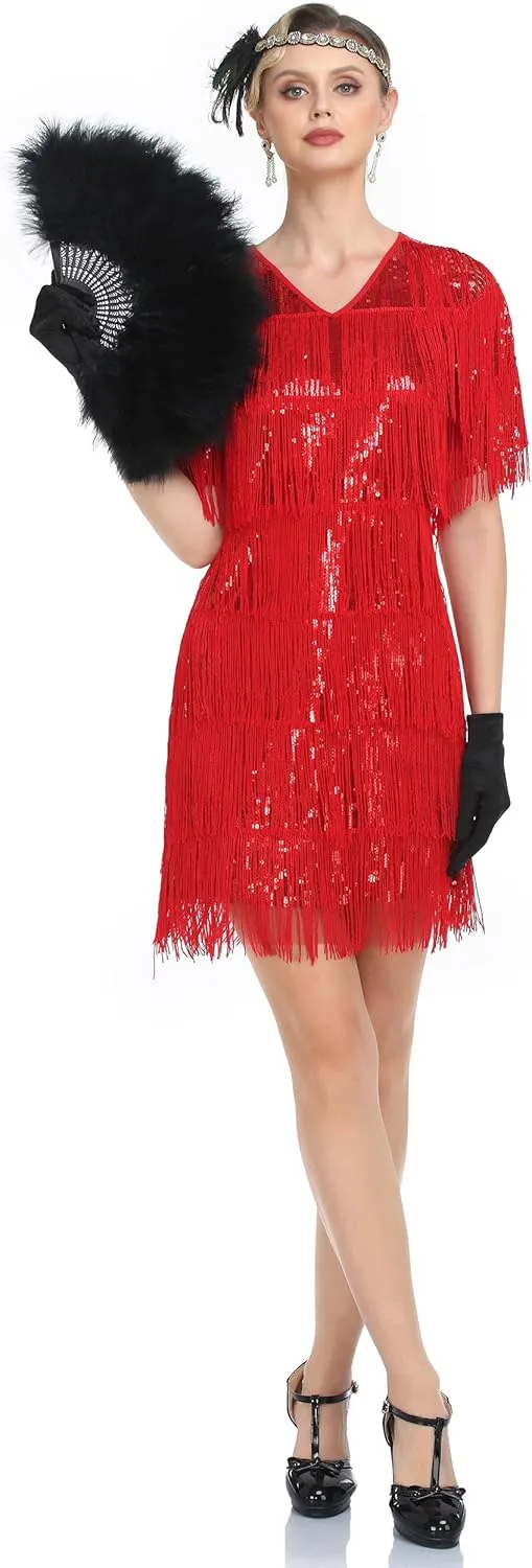 PrettyGuide Women's Flapper Dresses with Sleeves Tiered Long Fringed Sequin 1920s Great Gatsby Cocktail Dress Costume