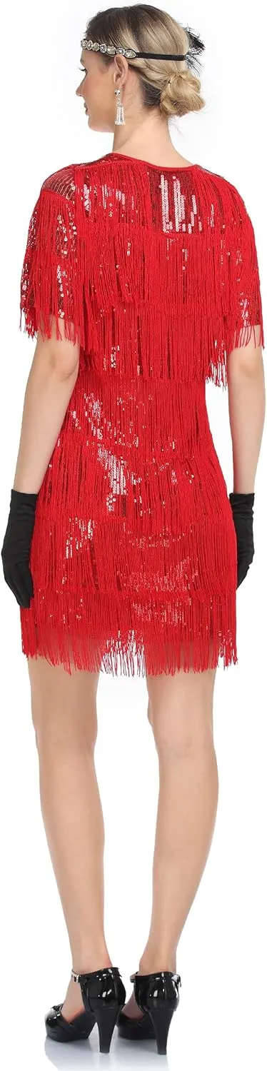 PrettyGuide Women's Flapper Dresses with Sleeves Tiered Long Fringed Sequin 1920s Great Gatsby Cocktail Dress Costume