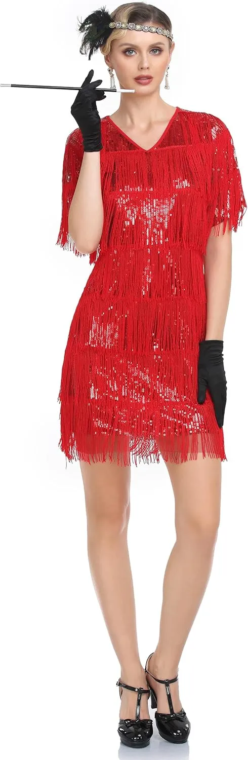 PrettyGuide Women's Flapper Dresses with Sleeves Tiered Long Fringed Sequin 1920s Great Gatsby Cocktail Dress Costume
