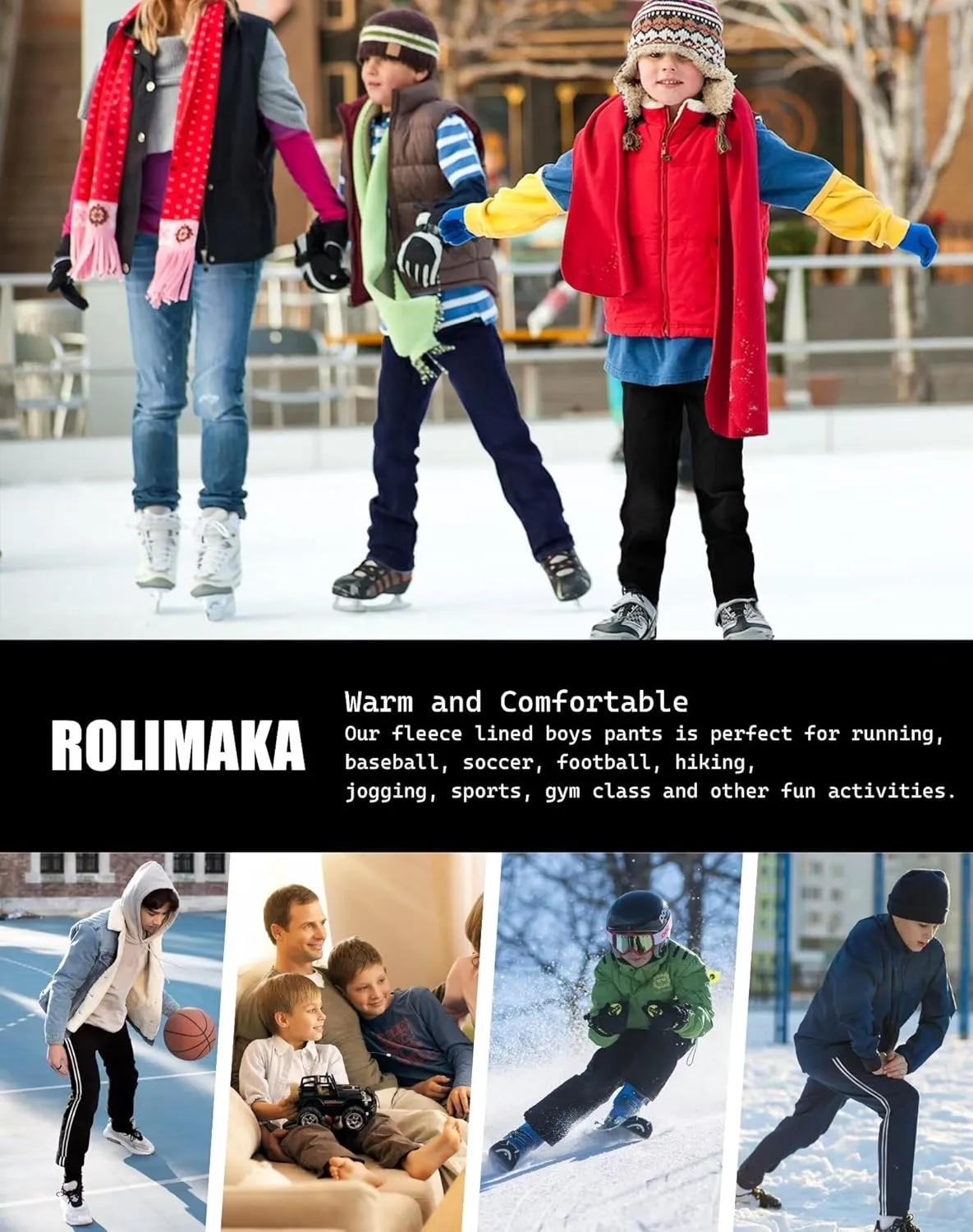 Rolimaka 4 Pcs Boys Sweatpants Soft Fleece Lined Open Bottom Youth Basic Athletic Joggers with Pockets Thermal Pants for Boys