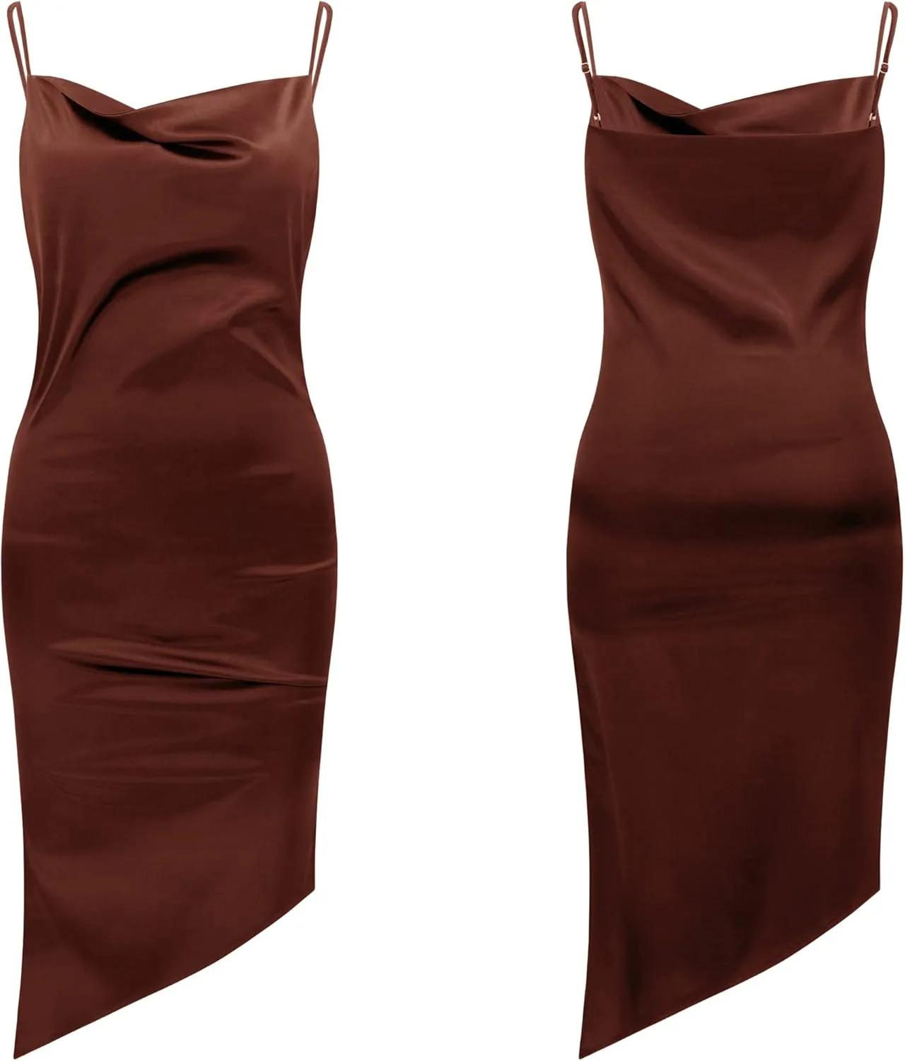 R.Vivimos Women's Satin Dress Spaghetti Straps Side Slit Cowl Neck Irregular Hem Midi Dress