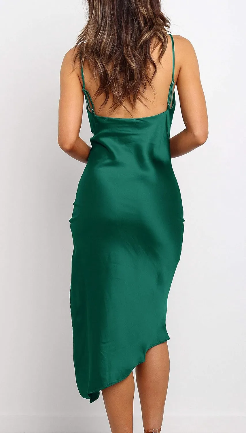R.Vivimos Women's Satin Dress Spaghetti Straps Side Slit Cowl Neck Irregular Hem Midi Dress