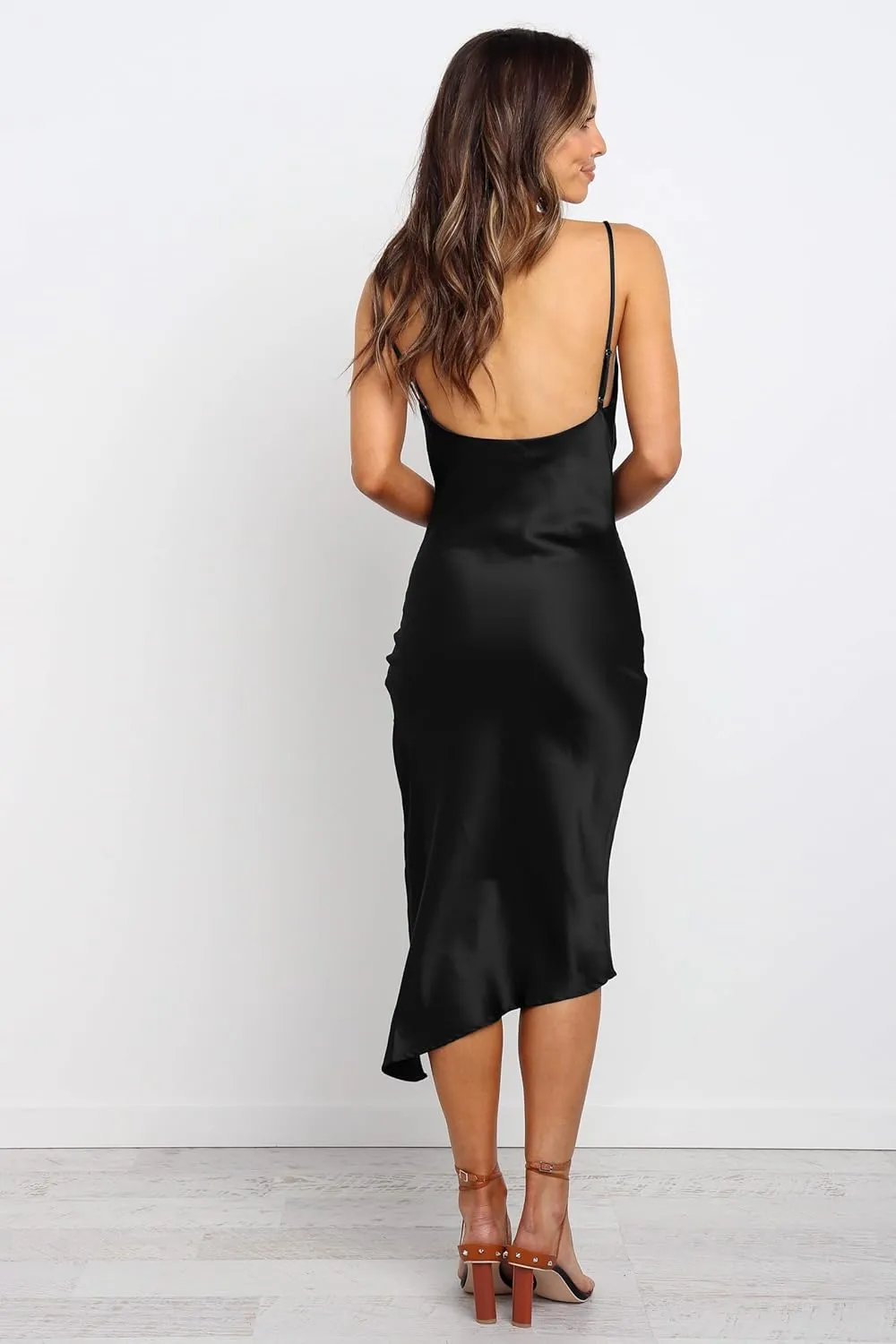 R.Vivimos Women's Satin Dress Spaghetti Straps Side Slit Cowl Neck Irregular Hem Midi Dress