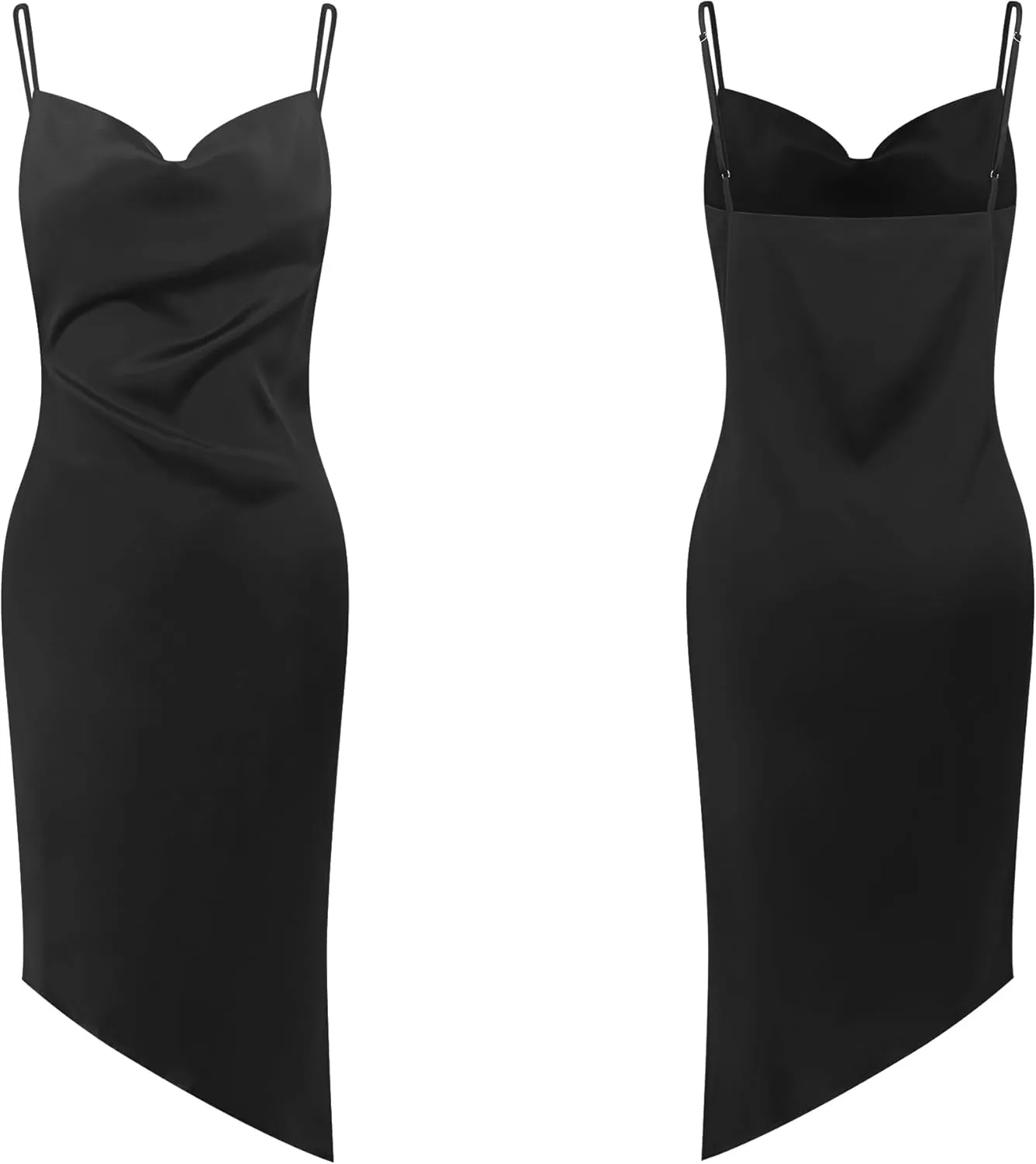 R.Vivimos Women's Satin Dress Spaghetti Straps Side Slit Cowl Neck Irregular Hem Midi Dress