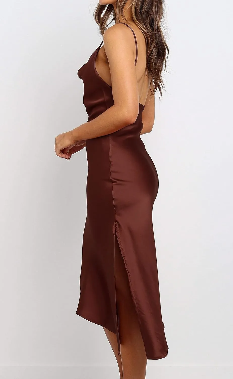 R.Vivimos Women's Satin Dress Spaghetti Straps Side Slit Cowl Neck Irregular Hem Midi Dress