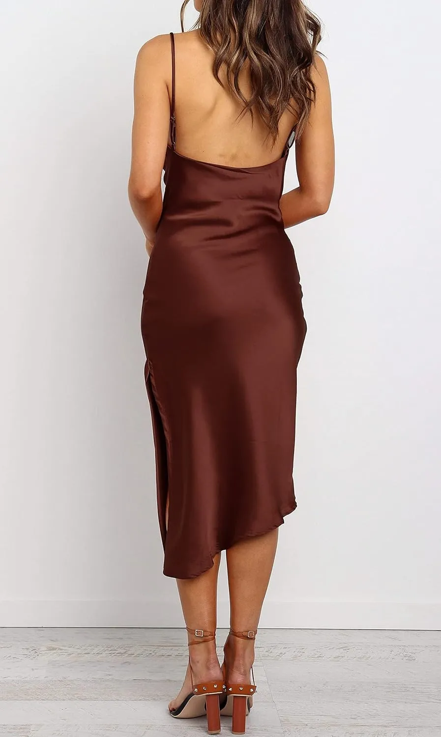 R.Vivimos Women's Satin Dress Spaghetti Straps Side Slit Cowl Neck Irregular Hem Midi Dress