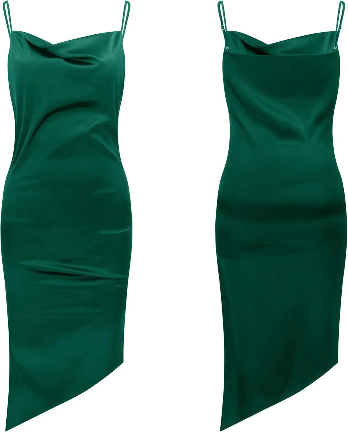 R.Vivimos Women's Satin Dress Spaghetti Straps Side Slit Cowl Neck Irregular Hem Midi Dress