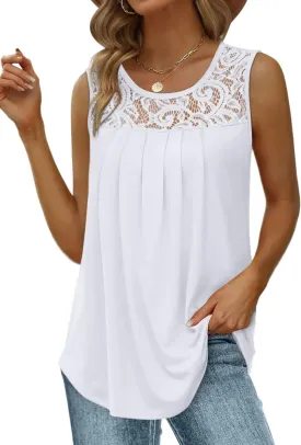Saloogoe Summer Tank Tops for Women Loose Fit Pleated Tunics Scoop Neck Sleeveless Lace Tops Curved Hem Flowy