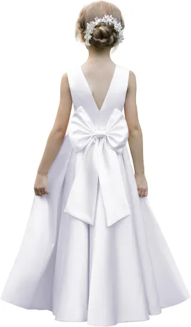 Satin Flower Girl Dresses for Wedding Floor Length Backless Princess Pageant Dress with Bow Pearls Proms Ball Gowns