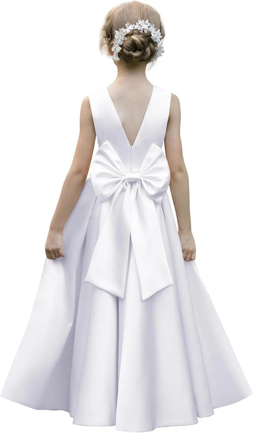 Satin Flower Girl Dresses for Wedding Floor Length Backless Princess Pageant Dress with Bow Pearls Proms Ball Gowns