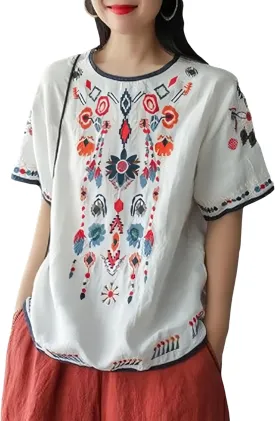 SeekMe Women's Cotton Linen Tops Embroidered Short Sleeve Peasant Boho Mexican Tunic Top Festival Casual Loose T Shirt
