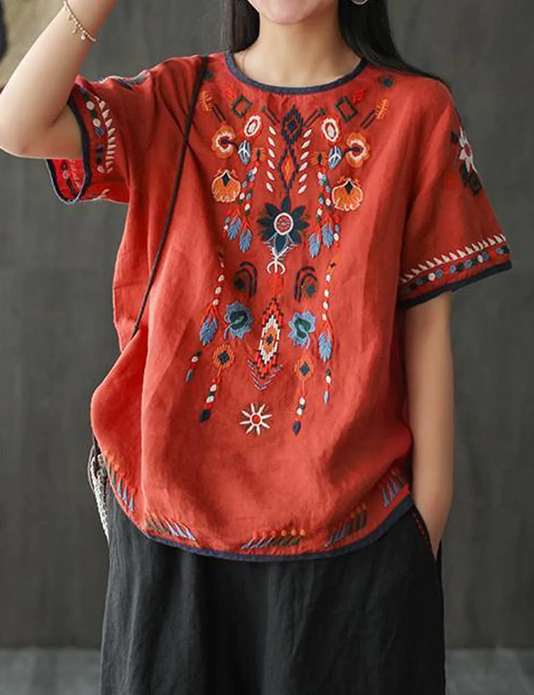 SeekMe Women's Cotton Linen Tops Embroidered Short Sleeve Peasant Boho Mexican Tunic Top Festival Casual Loose T Shirt