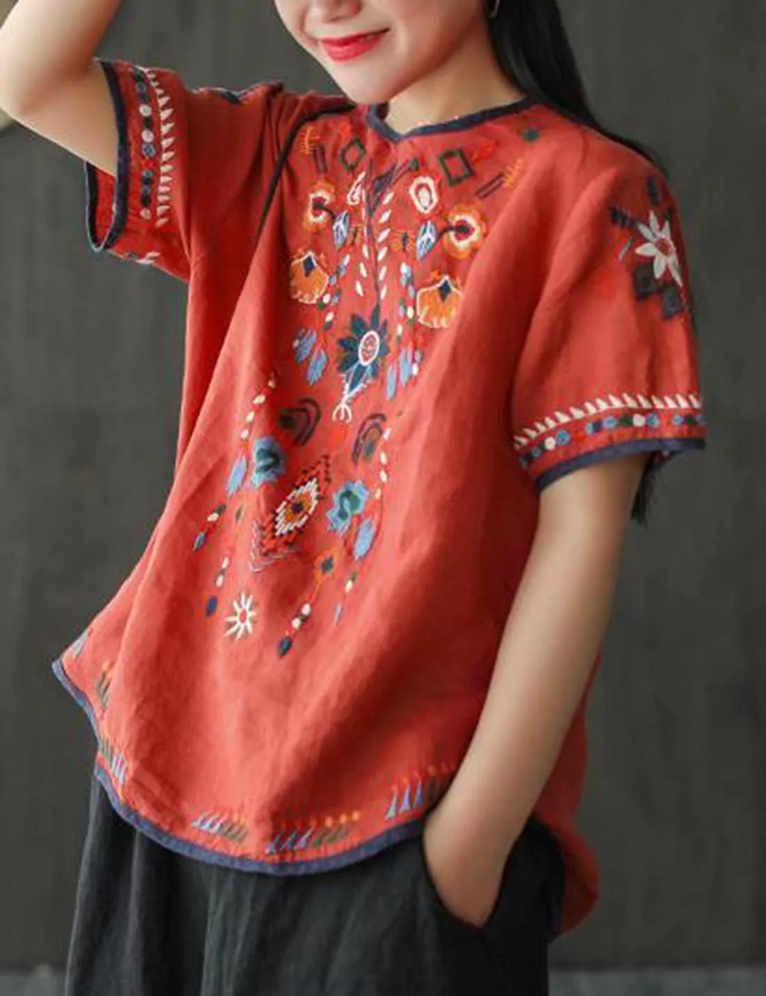 SeekMe Women's Cotton Linen Tops Embroidered Short Sleeve Peasant Boho Mexican Tunic Top Festival Casual Loose T Shirt