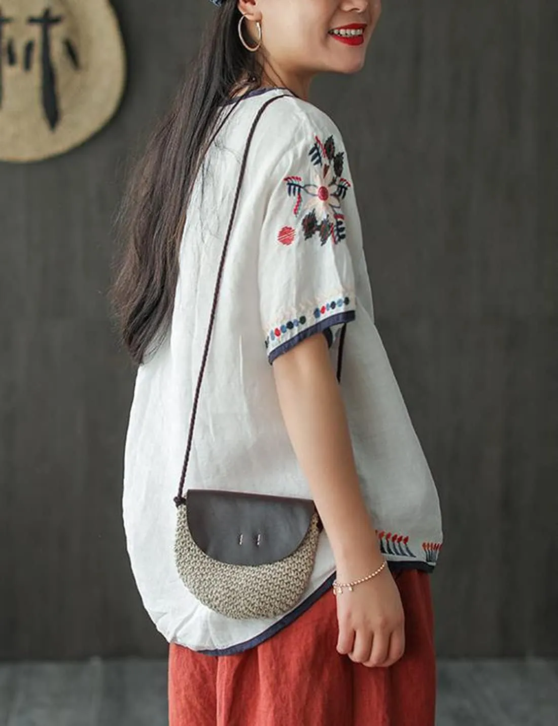 SeekMe Women's Cotton Linen Tops Embroidered Short Sleeve Peasant Boho Mexican Tunic Top Festival Casual Loose T Shirt