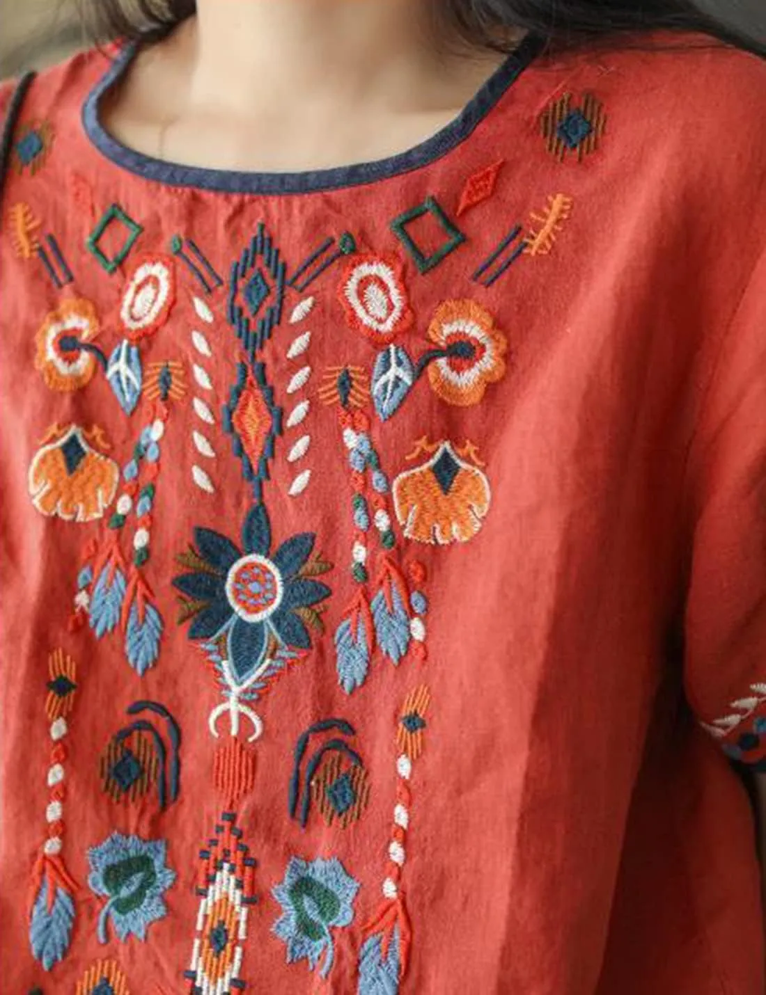 SeekMe Women's Cotton Linen Tops Embroidered Short Sleeve Peasant Boho Mexican Tunic Top Festival Casual Loose T Shirt