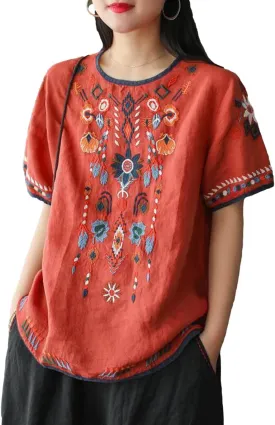 SeekMe Women's Cotton Linen Tops Embroidered Short Sleeve Peasant Boho Mexican Tunic Top Festival Casual Loose T Shirt