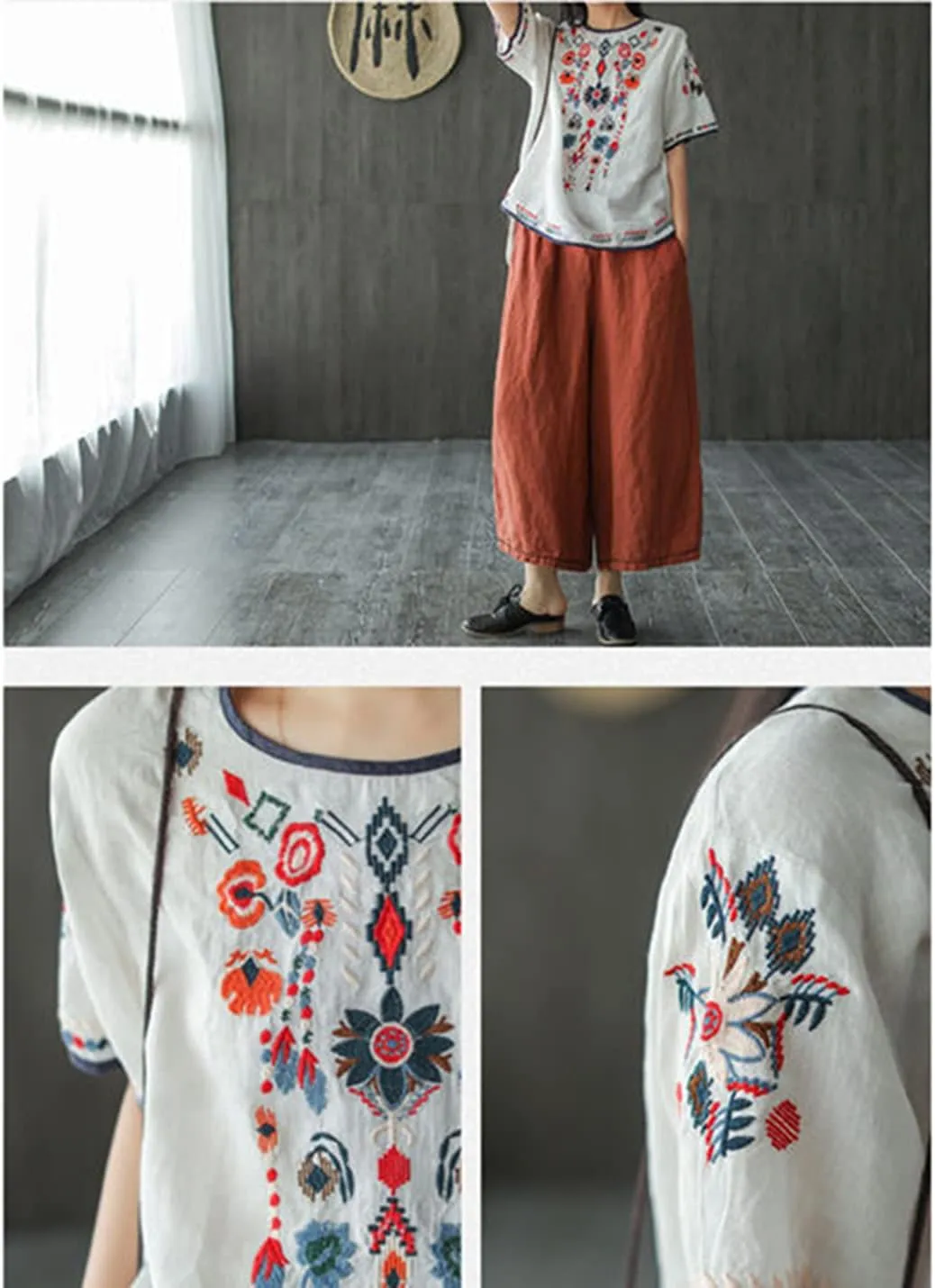 SeekMe Women's Cotton Linen Tops Embroidered Short Sleeve Peasant Boho Mexican Tunic Top Festival Casual Loose T Shirt