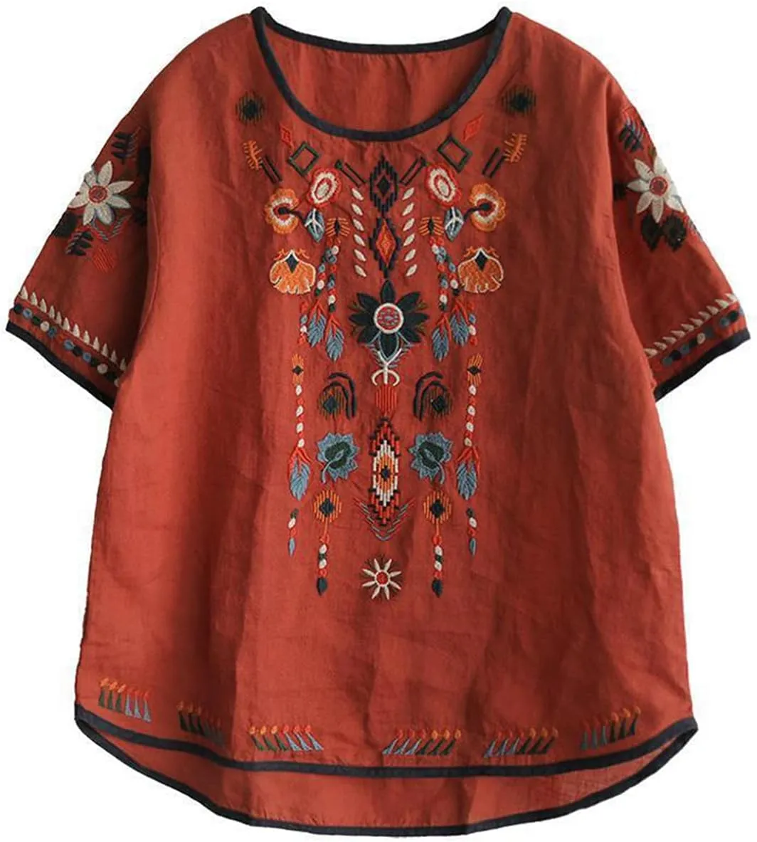 SeekMe Women's Cotton Linen Tops Embroidered Short Sleeve Peasant Boho Mexican Tunic Top Festival Casual Loose T Shirt