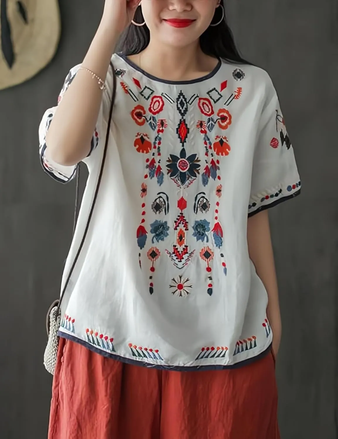 SeekMe Women's Cotton Linen Tops Embroidered Short Sleeve Peasant Boho Mexican Tunic Top Festival Casual Loose T Shirt