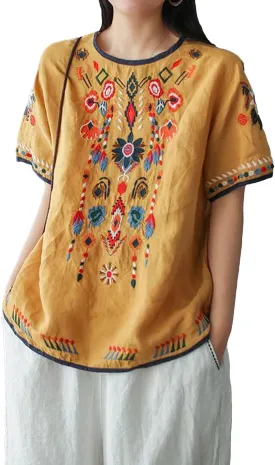 SeekMe Women's Cotton Linen Tops Embroidered Short Sleeve Peasant Boho Mexican Tunic Top Festival Casual Loose T Shirt