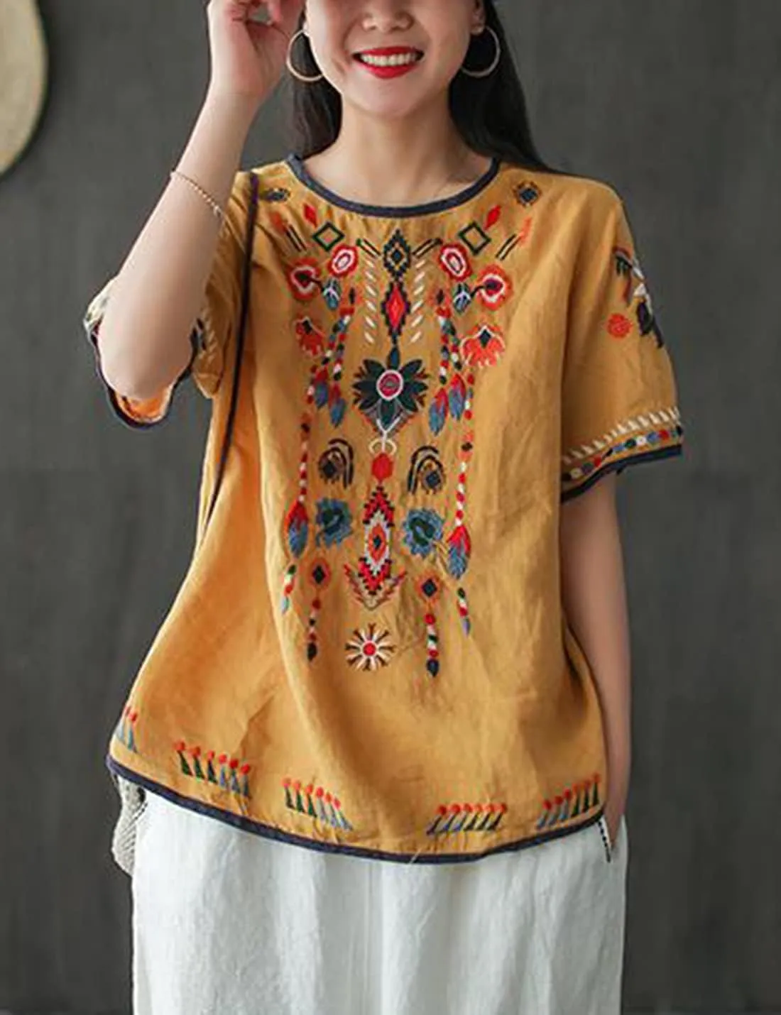 SeekMe Women's Cotton Linen Tops Embroidered Short Sleeve Peasant Boho Mexican Tunic Top Festival Casual Loose T Shirt