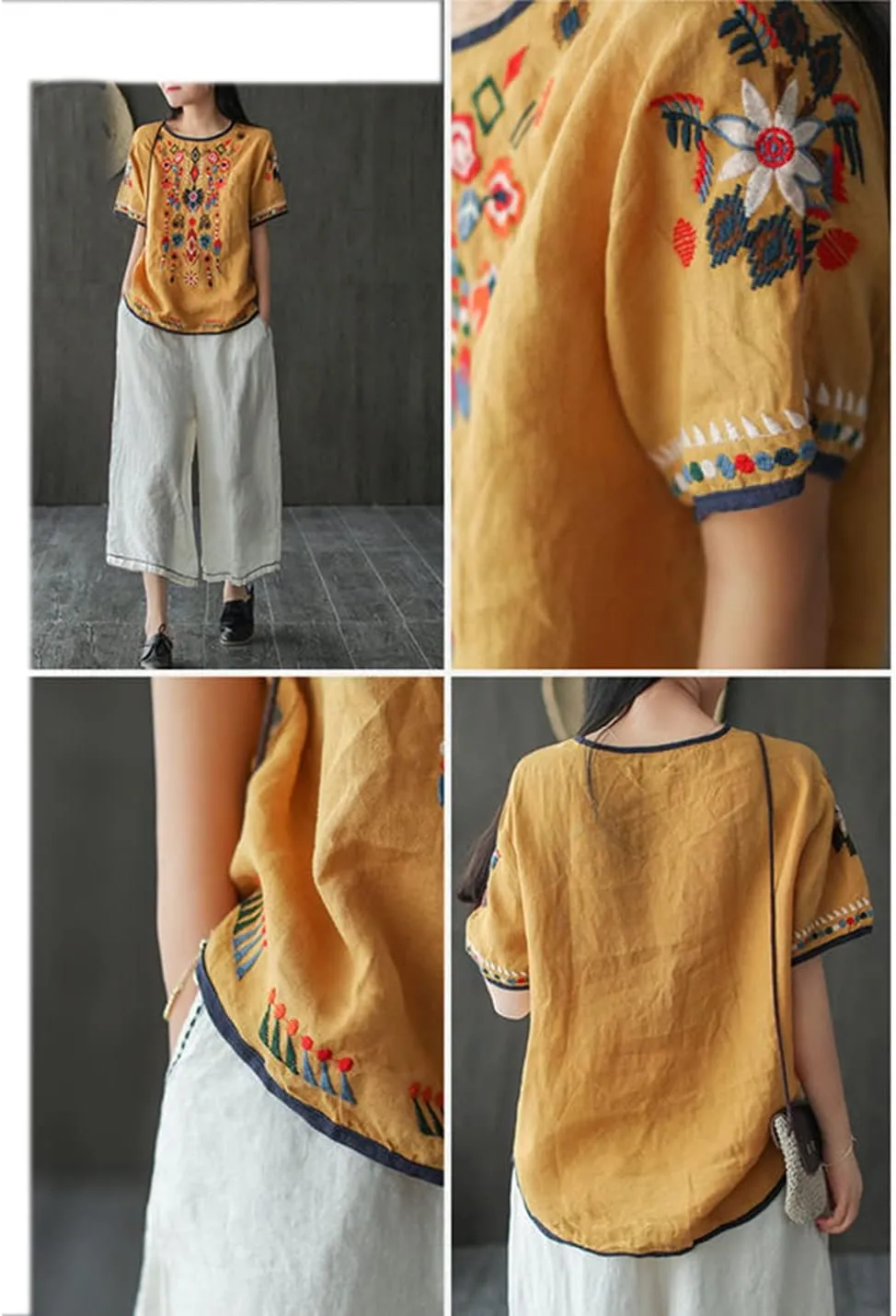SeekMe Women's Cotton Linen Tops Embroidered Short Sleeve Peasant Boho Mexican Tunic Top Festival Casual Loose T Shirt