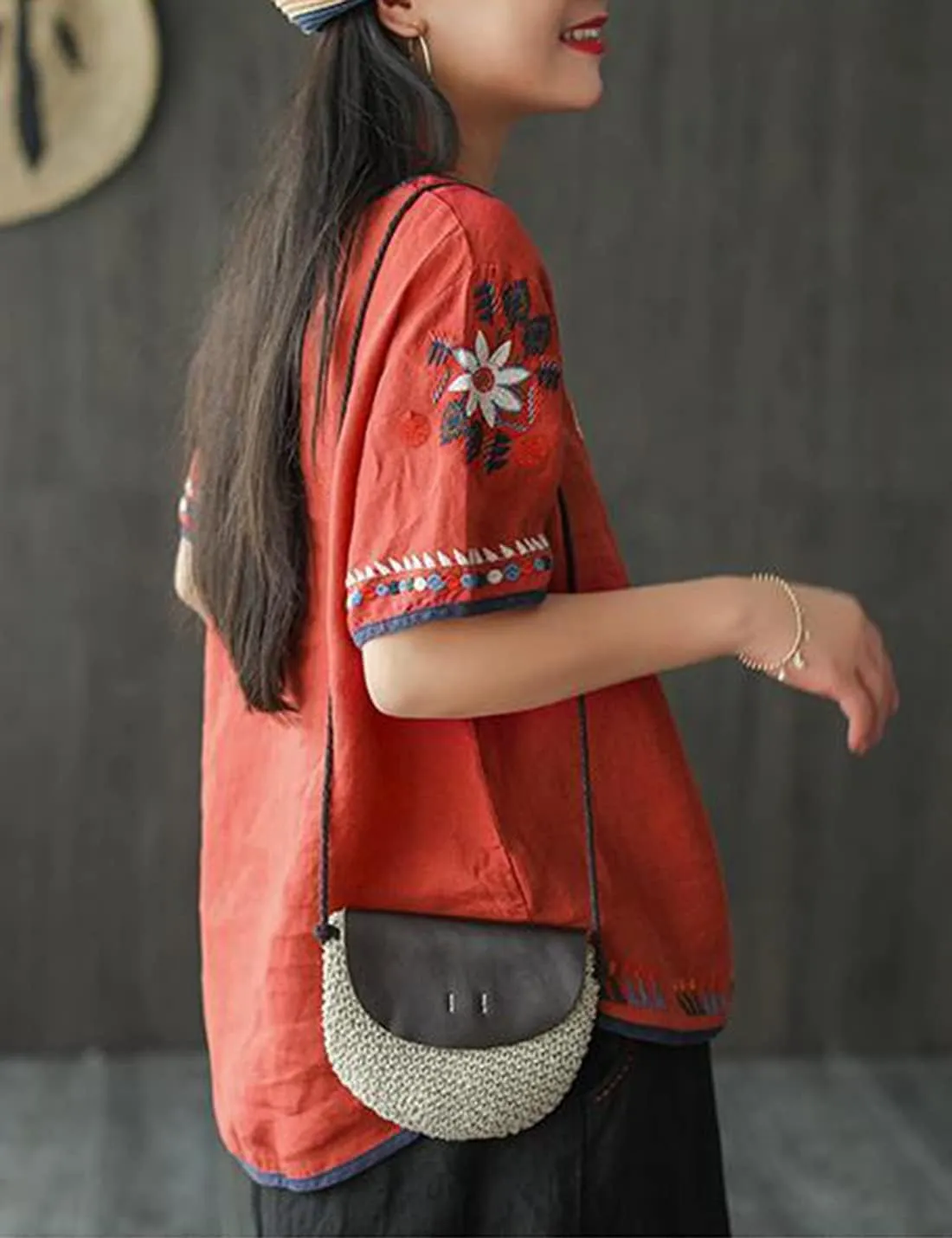 SeekMe Women's Cotton Linen Tops Embroidered Short Sleeve Peasant Boho Mexican Tunic Top Festival Casual Loose T Shirt