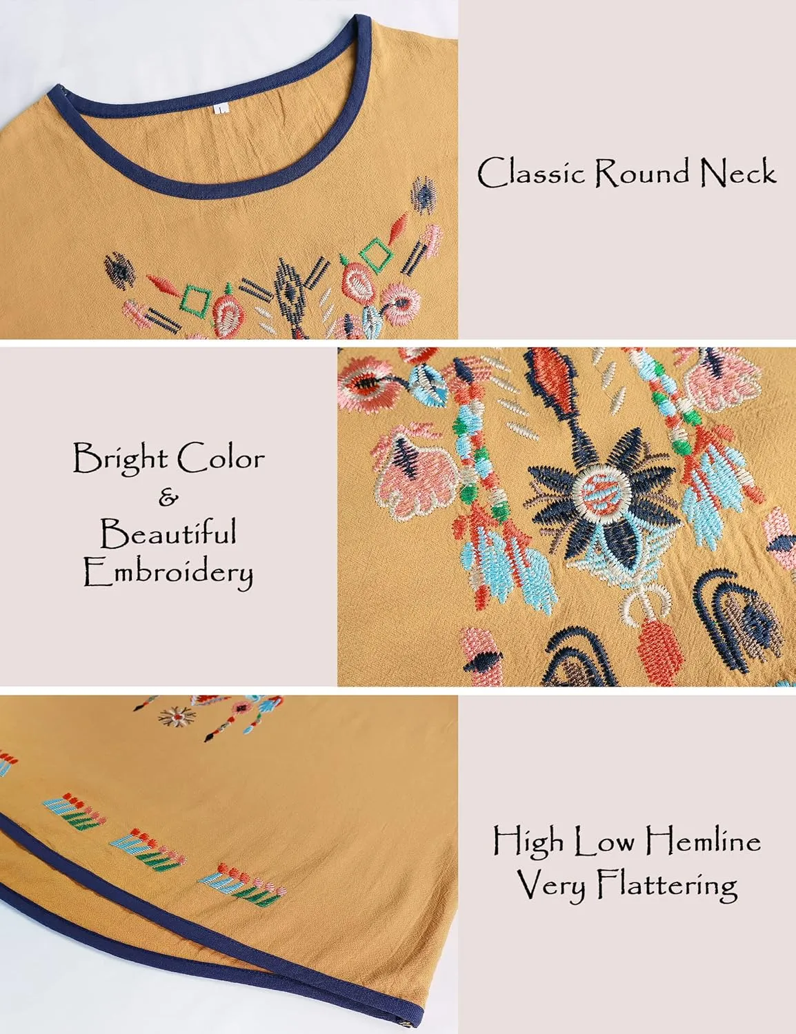 SeekMe Women's Cotton Linen Tops Embroidered Short Sleeve Peasant Boho Mexican Tunic Top Festival Casual Loose T Shirt