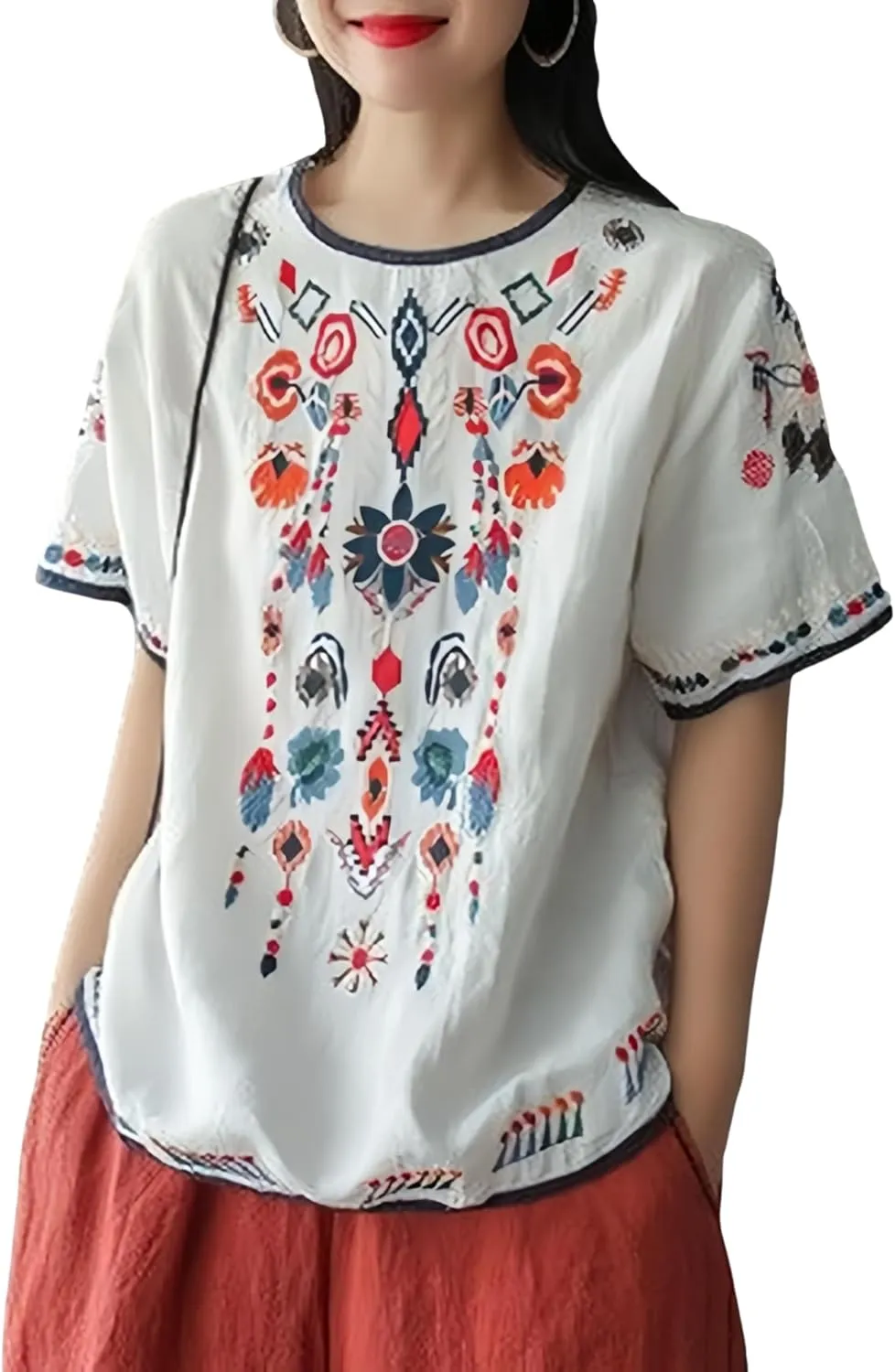 SeekMe Women's Cotton Linen Tops Embroidered Short Sleeve Peasant Boho Mexican Tunic Top Festival Casual Loose T Shirt
