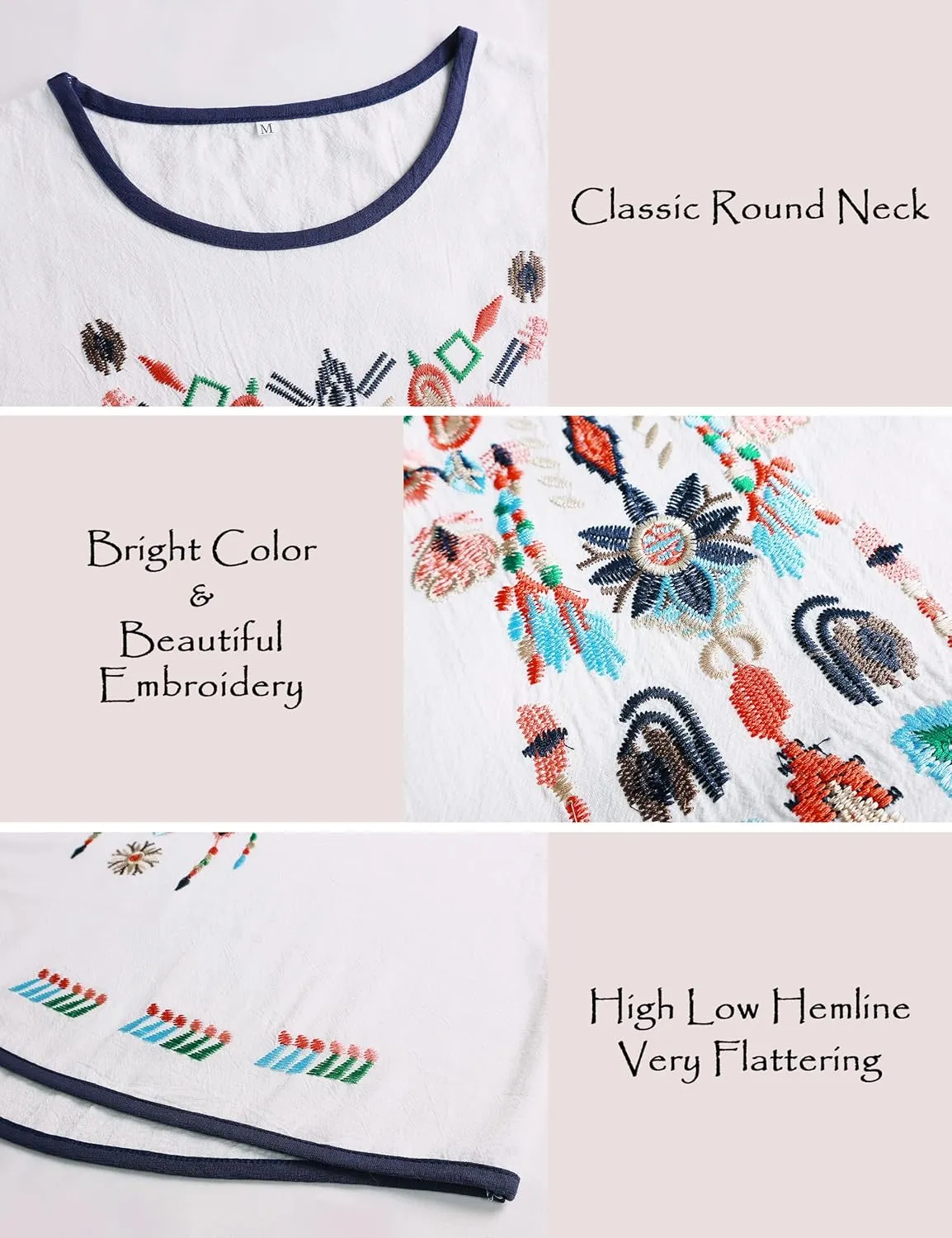 SeekMe Women's Cotton Linen Tops Embroidered Short Sleeve Peasant Boho Mexican Tunic Top Festival Casual Loose T Shirt