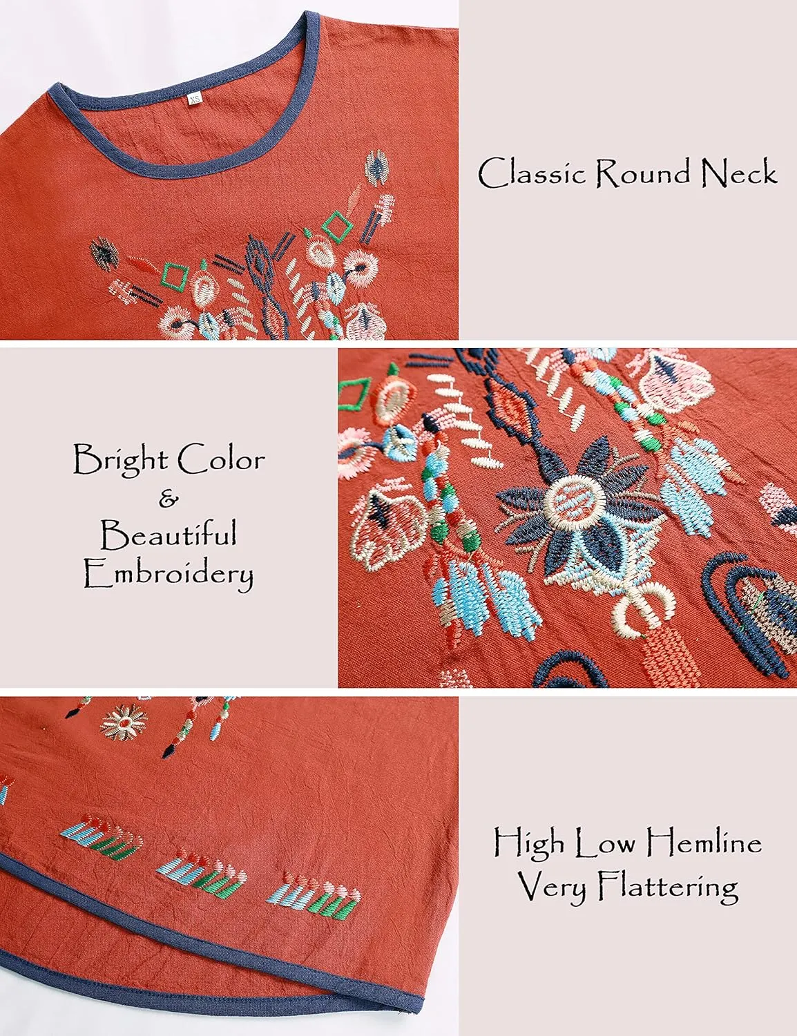 SeekMe Women's Cotton Linen Tops Embroidered Short Sleeve Peasant Boho Mexican Tunic Top Festival Casual Loose T Shirt