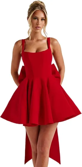 Short Satin Homecoming Dresses with Bow A Line Corset Open Back Mini Cocktail Party Gown