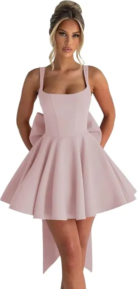 Short Satin Homecoming Dresses with Bow A Line Corset Open Back Mini Cocktail Party Gown