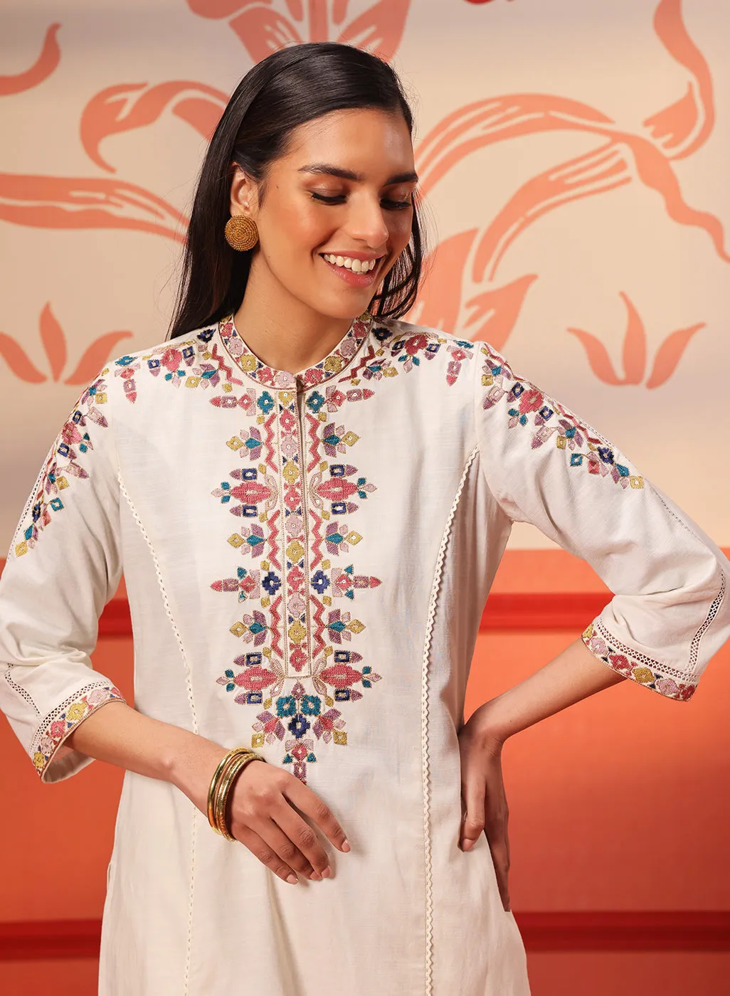 Shyla Ivory Embroidered Cotton Linen Tunic Set for Women