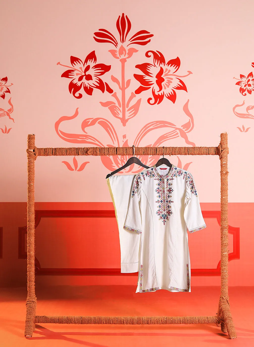 Shyla Ivory Embroidered Cotton Linen Tunic Set for Women