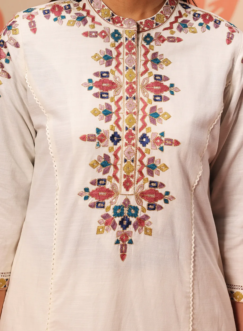 Shyla Ivory Embroidered Cotton Linen Tunic Set for Women