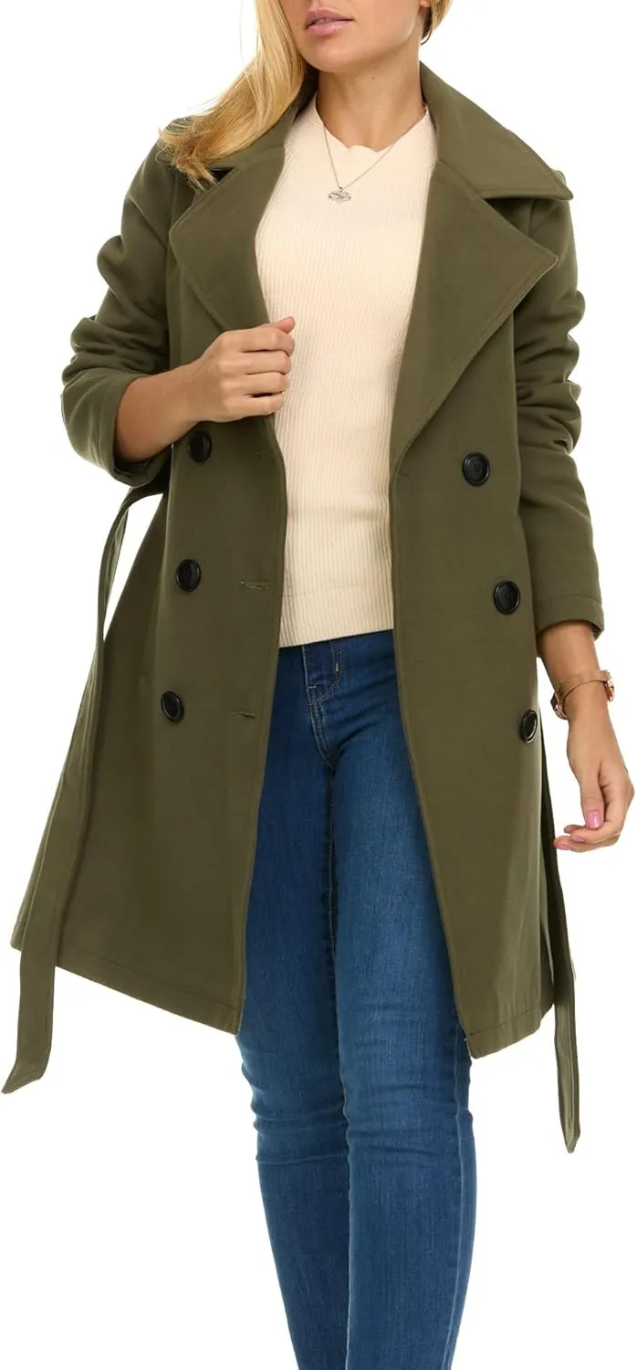 Steve Madden Trench Coat for Women ?C Double-Breasted Long Winter Faux Wool Coat
