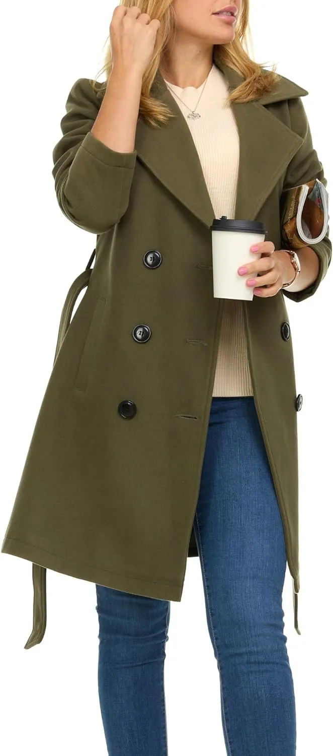Steve Madden Trench Coat for Women ?C Double-Breasted Long Winter Faux Wool Coat