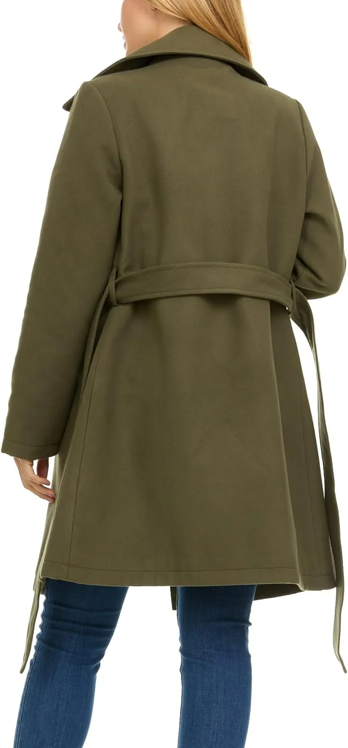 Steve Madden Trench Coat for Women ?C Double-Breasted Long Winter Faux Wool Coat