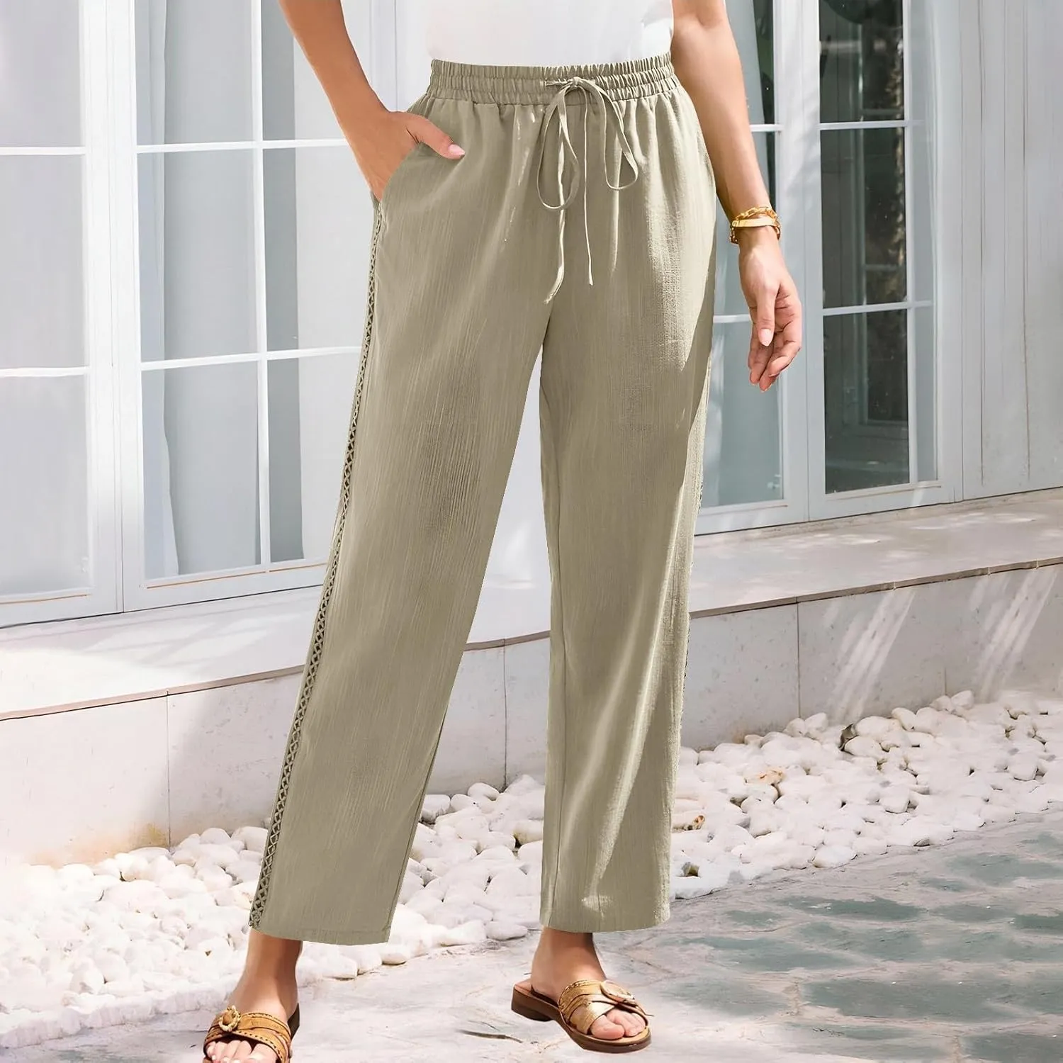 Summer Pants for Women Belted Elastic High Waist Boho Trousers with Pockets Lightweight Drawstring Trendy Outfits