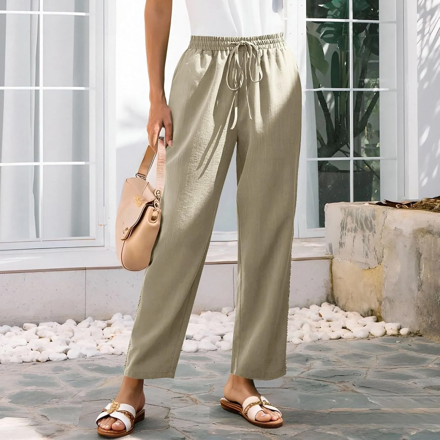 Summer Pants for Women Belted Elastic High Waist Boho Trousers with Pockets Lightweight Drawstring Trendy Outfits